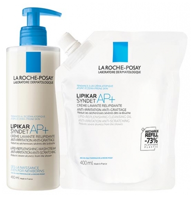 La Roche-Posay Lipikar Syndet Ap+ Crème Lavante Relipidante 400 ml + Éco-Recharge 400 ml
