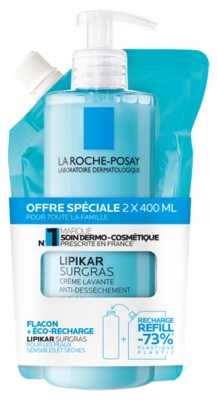 La Roche-Posay Lipikar Surgras Crème Lavante Anti Dessèchement 400 ml + Éco Recharge de 400 ml