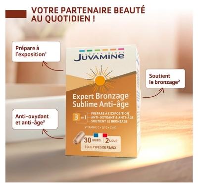 Juvamine Expert Bronzage Sublime Anti-Âge 3-en-1 Prépare à l'Exposition Anti-Oxydant et Anti-Âge Soutient le Bronzage 60 Gélules