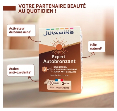 Juvamine Expert Autobronzant 3-en-1 Hâle Naturel Activateur Bonne Mine et Action Anti-Oxydante 60 Gélules