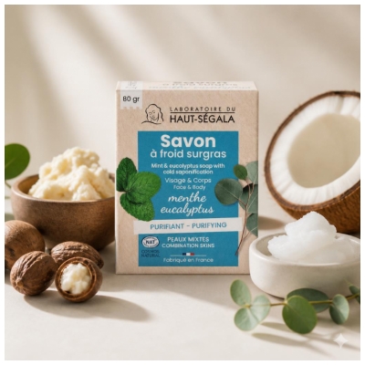 Laboratoire du Haut-Ségala Savon à Froid Surgras Menthe Eucalyptus 80 Grammes