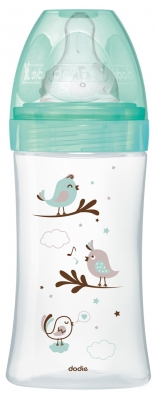 Dodie Biberon Anti-Colique Initiation+ Verre - 270 ml - Vert Oiseaux - Tétine Ronde 3 Vitesses Débit 2