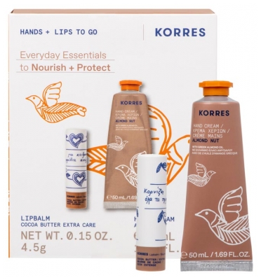 Korres Coffret Crème Mains Hydratante Almond Nut 50 ML + Korres Stick à Lèvres Teinté Beurre de Cacao 4,5 Grammes