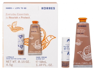Korres Coffret Crème Mains Hydratante Almond Nut 50 ML + Korres Stick à Lèvres Teinté Beurre de Cacao 4,5 Grammes
