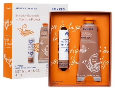 Korres Coffret Crème Mains Hydratante Almond Nut 50 ML + Korres Stick à Lèvres Teinté Beurre de Cacao 4,5 Grammes