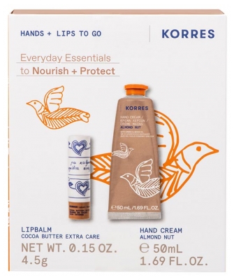 Korres Coffret Crème Mains Hydratante Almond Nut 50 ML + Korres Stick à Lèvres Teinté Beurre de Cacao 4,5 Grammes