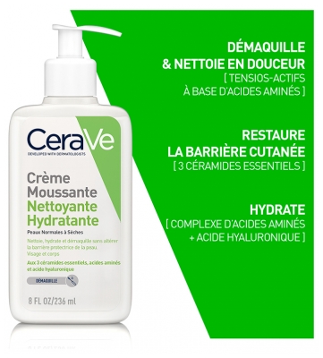 CeraVe Crème Moussante Nettoyante Hydratante Visage Peaux Normales à Sèches 236 ml