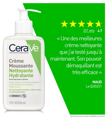 CeraVe Crème Moussante Nettoyante Hydratante Visage Peaux Normales à Sèches 236 ml