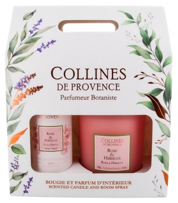 Collines de Provence Coffret Parfum d'Intérieur Duo 100 ML + Bougie Duo 180 Grammes - Senteur : Rose & Hibiscus