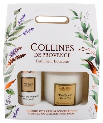 Collines de Provence Coffret Parfum d'Intérieur 100 ML + Bougie Parfumée 180 Grammes Bergamote Fraîche - Senteur : Thé Blanc