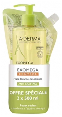 A-DERMA Exomega Control Huile Lavante Émolliente Peaux Sèches Atopiques Flacon-Pompe 500 ml + Recharge 500 ml