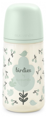 Suavinex Birdies Biberon Tétine Symétrique M Débit Moyen 270 ml Dès 3 Mois - Couleur : Vert