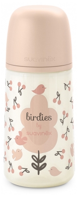 Suavinex Birdies Biberon Tétine Symétrique M Débit Moyen 270 ml Dès 3 Mois - Couleur : Rose