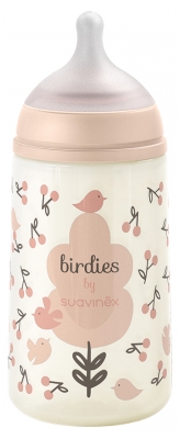Suavinex Birdies Biberon Tétine Symétrique M Débit Moyen 270 ml Dès 3 Mois - Couleur : Rose