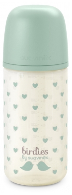 Suavinex Birdies Biberon Verre Tétine Symétrique S Débit Lent 240 ml Dès 0 Mois - Couleur : Vert
