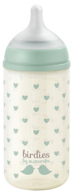 Suavinex Birdies Biberon Verre Tétine Symétrique S Débit Lent 240 ml Dès 0 Mois - Couleur : Vert