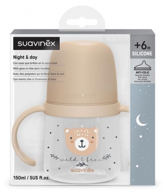 Suavinex Night & Day Biberon à Anses Bec Souple 150 ml Dès 6 Mois - Couleur : Beige