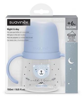 Suavinex Night & Day Biberon à Anses Bec Souple 150 ml Dès 6 Mois - Couleur : Bleu