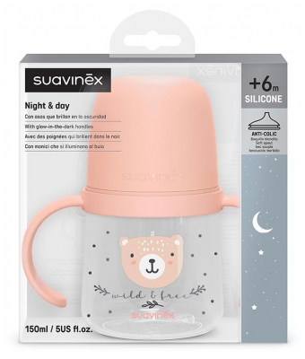 Suavinex Night & Day Biberon à Anses Bec Souple 150 ml Dès 6 Mois - Couleur : Rose