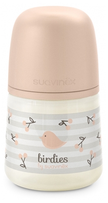 Suavinex Birdies Biberon Tétine Symétrique S Débit Lent 150 ml Dès 0 Mois - Couleur : Rose