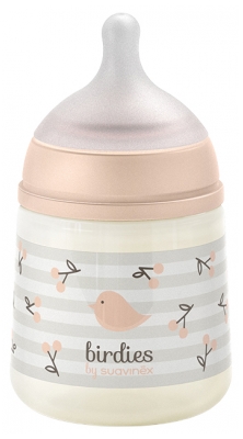 Suavinex Birdies Biberon Tétine Symétrique S Débit Lent 150 ml Dès 0 Mois - Couleur : Rose