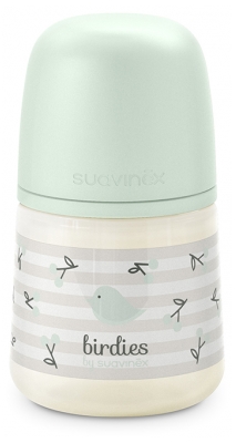 Suavinex Birdies Biberon Tétine Symétrique S Débit Lent 150 ml Dès 0 Mois - Couleur : Vert