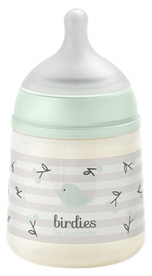 Suavinex Birdies Biberon Tétine Symétrique S Débit Lent 150 ml Dès 0 Mois - Couleur : Vert