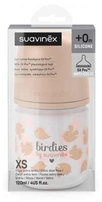 Suavinex Birdies Biberon Verre Tétine Symétrique XS Débit Extra Lent 120 ml Dès 0 Mois