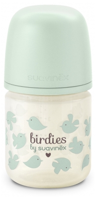 Suavinex Birdies Biberon Verre Tétine Symétrique XS Débit Extra Lent 120 ml Dès 0 Mois - Couleur : Vert