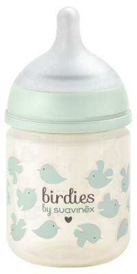 Suavinex Birdies Biberon Verre Tétine Symétrique XS Débit Extra Lent 120 ml Dès 0 Mois - Couleur : Vert