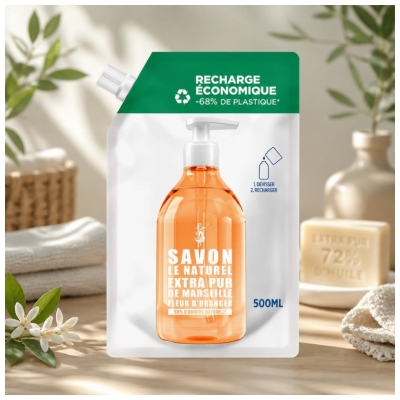 Savon Le Naturel Extra Pur de Marseille à la Fleur d'Oranger Recharge 500 ML