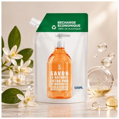 Savon Le Naturel Extra Pur de Marseille à la Fleur d'Oranger Recharge 500 ML