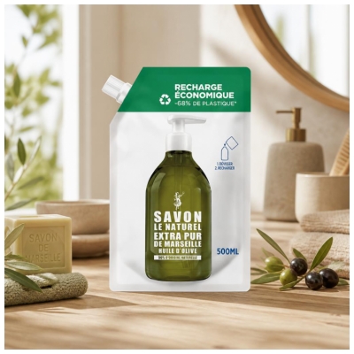Savon Le Naturel Extra Pur de Marseille à l'Huile d'Olive Recharge 500 ML