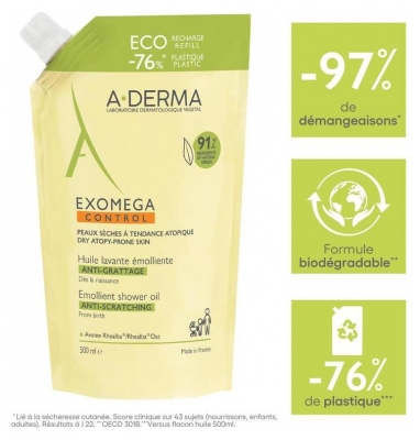 A-DERMA Exomega Control Huile Lavante Émolliente Peaux Sèches Atopiques Recharge 500 ml 