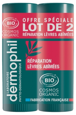 Dermophil Certifié Bio Lot de 2 Sticks Lèvres Réparation Lèvres Abîmées 4 g (Anc. Réparation Forte)