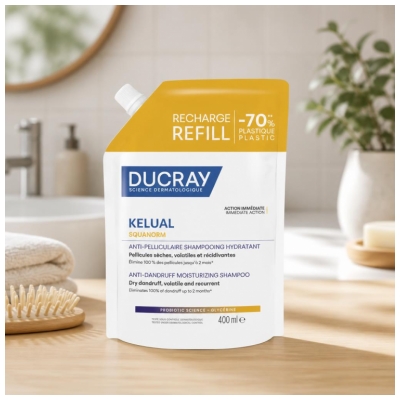 Ducray Kelual Shampoing Anti-Pelliculaire Hydratant Pellicules Sèches Recharge 400 ml