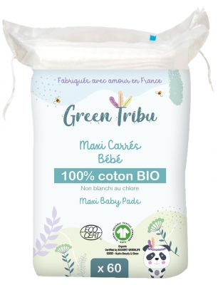 Green Tribu Maxi Carrés Bébé Coton Bio Non Blanchi au Chlore 60 Cotons