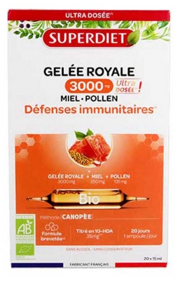 Superdiet Gelée Royale 3000 mg Miel Pollen Bio 20 Ampoules de 15 ml