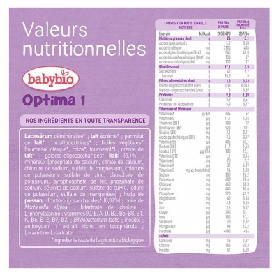 Babybio Optima 1 de 0 à 6 Mois Bio 800 g