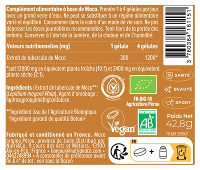 Nutri&Co Maca Noire Origine Pérou Bio 120 Gélules
