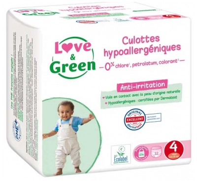 Love & Green Culottes Hypoallergéniques Taille 4 (8-15 kg) 32 Unités