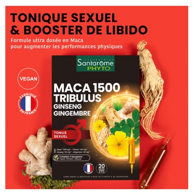Santarome Maca 1500 Tribulus Ginseng Gingembre 20 Ampoules de 10 ml