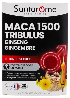 Santarome Maca 1500 Tribulus Ginseng Gingembre 20 Ampoules de 10 ml