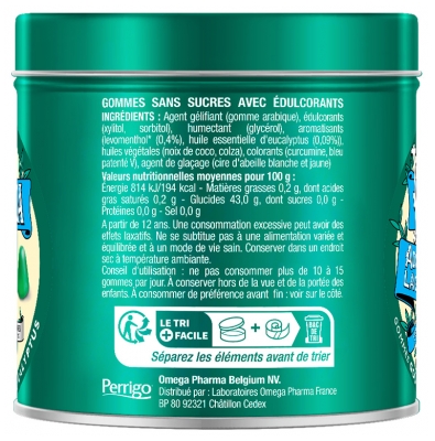 Gommes Sans Sucres pour Adoucir la Gorge - Saveur Menthe Eucalyptus 140 g