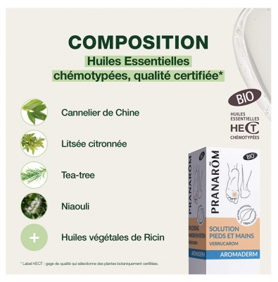 Pranarôm Aromaderm Lotion Pieds et Mains Bio (Eco) Excroissances Cutanées Aux Huiles Essentielles Biologiques 10 ml