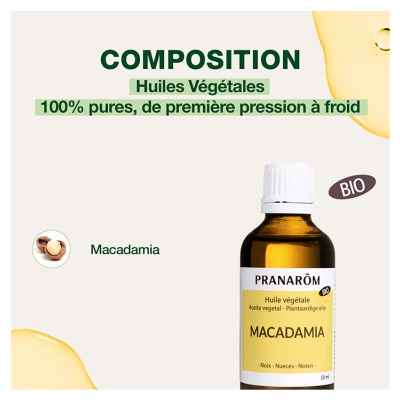 Pranarôm Huile Végétale Macadamia Bio Première Pression à Froid Des Noix de Macadamia 50 ml