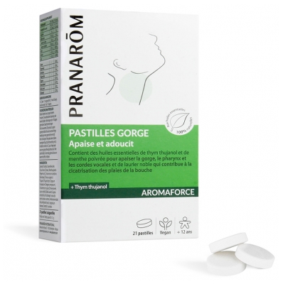 Pranarôm Aromaforce Pastilles Apaisantes Gorge Aux Huiles Essentielles Biologiques Apaise et Adoucit 21 Pastilles