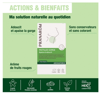 Pranarôm Aromaforce Pastilles Apaisantes Gorge Aux Huiles Essentielles Biologiques Apaise et Adoucit 21 Pastilles