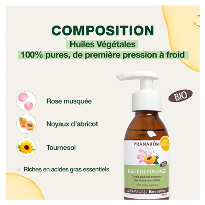 Pranarômélange d'Huile de Massage Végétale Neutre Bio (Eco) Formule Riche et Non Grasse 100 ml