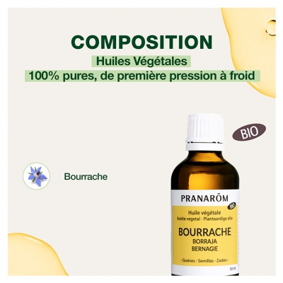 Pranarôm Huile Végétale Bourrache Bio Première Pression à Froid Des Graines de Fleurs de Bourrache Hect 50 ml